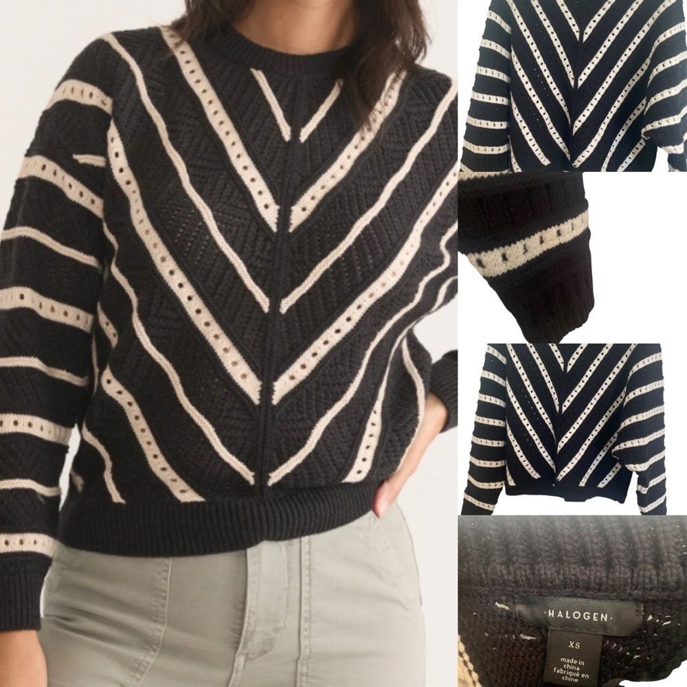 💙Halogen Chevron knit cotton blend black and white pullover sweater size …